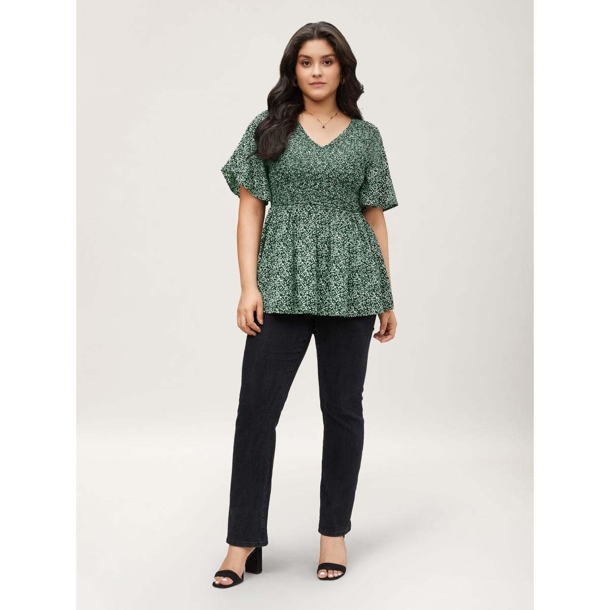 Plus Size Black Ditsy Floral Shirred Ruffle Sleeve Elastic Waist Blouse Women Timeless Short sleeve V-neck Elegant Blouses BloomChic 28/5X Product Image