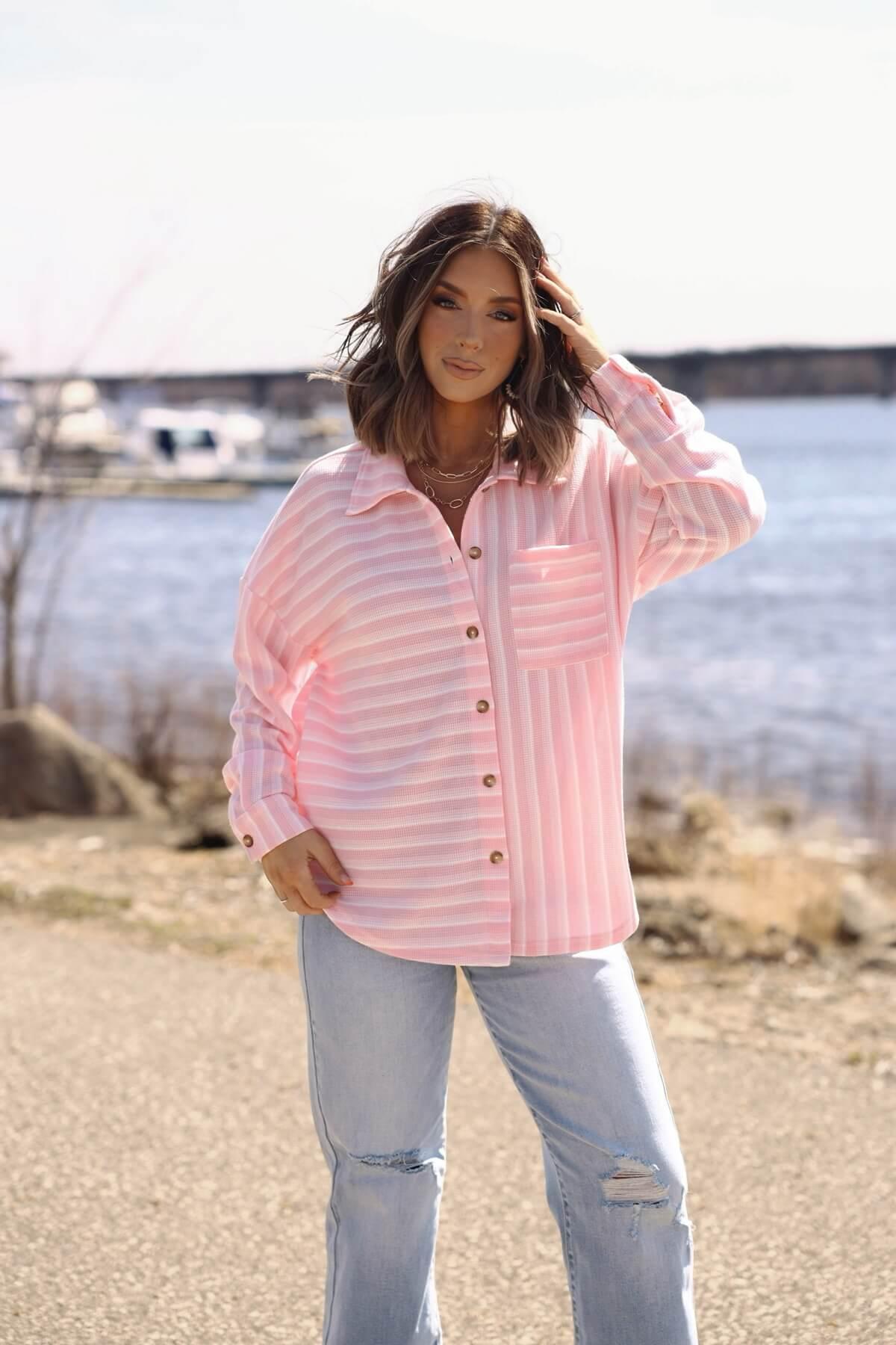 Glenn Pink and White Striped Button Down Top - FINAL SALE Product Image