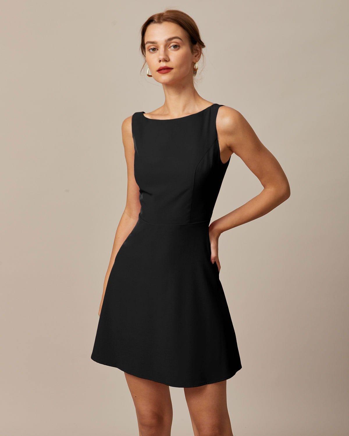 The Black Boat Neck High Waisted Mini Dress Product Image