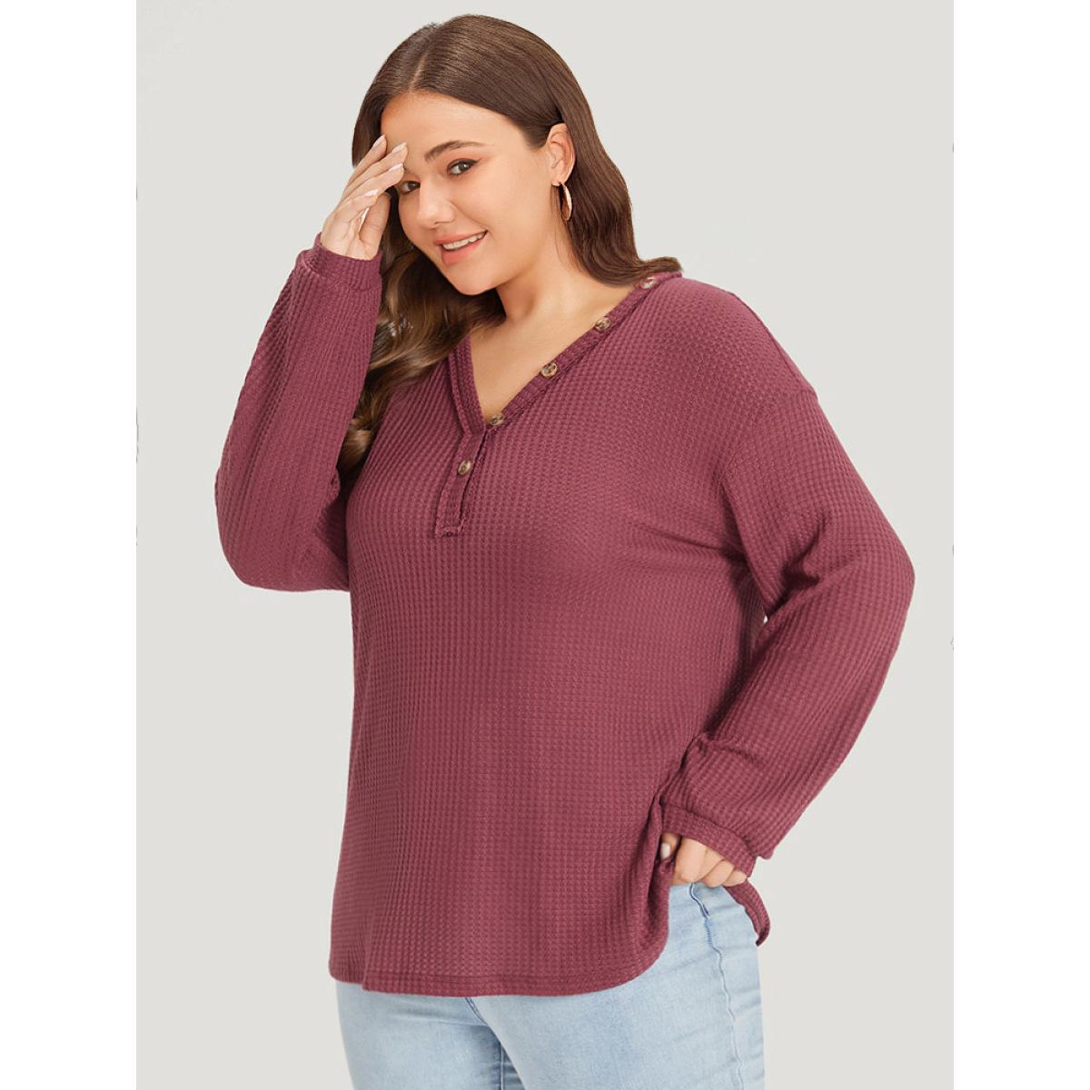 Plus Size Waffle Knit Button Detail V Neck T-shirt Russet Women Casual Elastic cuffs Plain V-neck Dailywear T-shirts BloomChic 14-16/1X Product Image