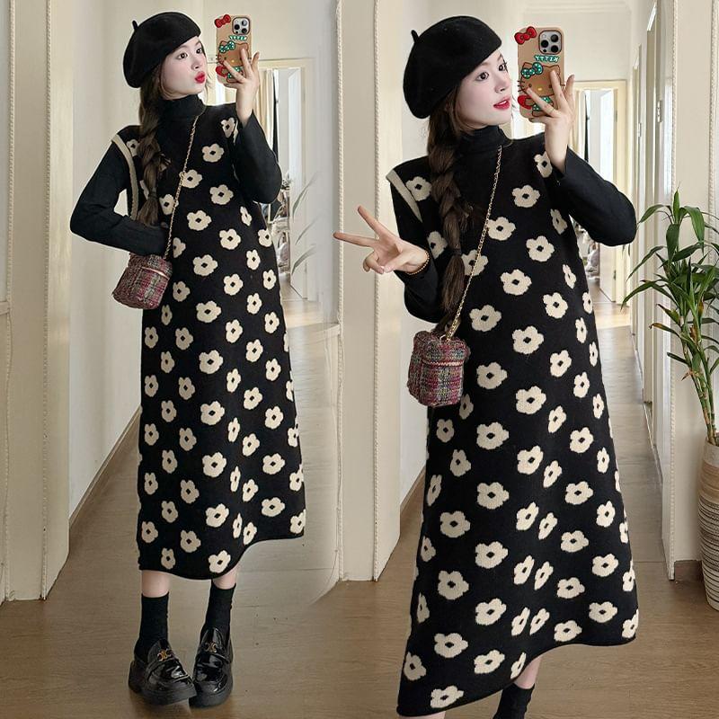 Maternity Long-Sleeve Turtleneck Plain Knit Top / Crew Neck Floral Print Contrast Trim Midi Jumper Dress Product Image