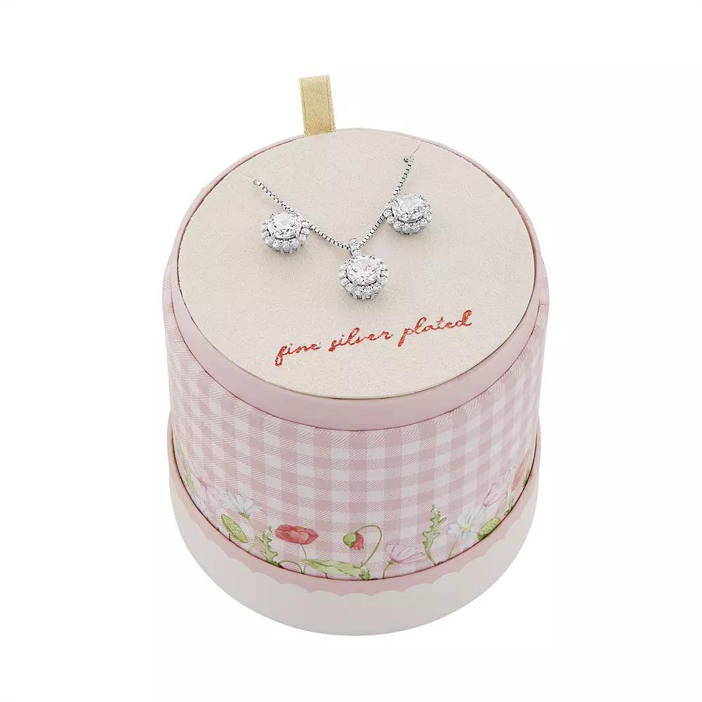 Brilliance Fine Silver Plated Cubic Zirconia Center Stone Earrings & Necklace Set, Women's, Size: 18", Silver Tone Product Image