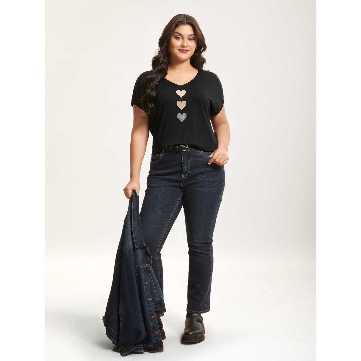 Plus Size Heart Print Stretchy Dolman Sleeve T-Shirt Black Women Leisure Non V-neck Casual T-shirts BloomChic 14-16/1X Product Image