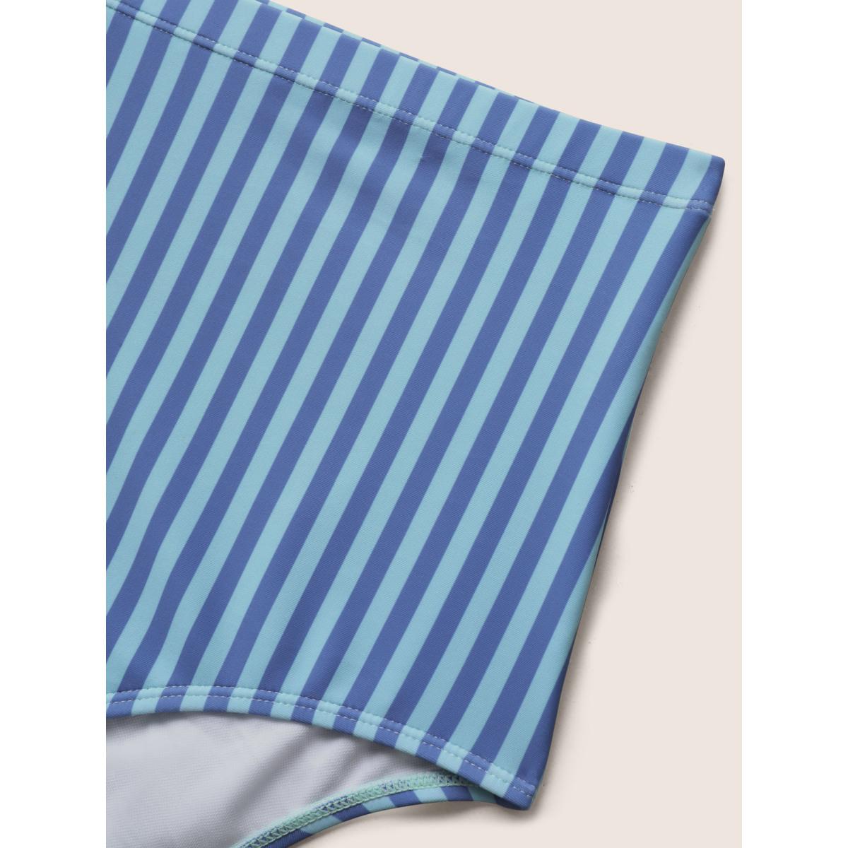 Plus Size V Neck Striped Tie Knot Gathered Swim Dress Women's Swimwear Skyblue Beach Bodycon V-neck High stretch Curve Swim Dresses BloomChic 26/4X Product Image