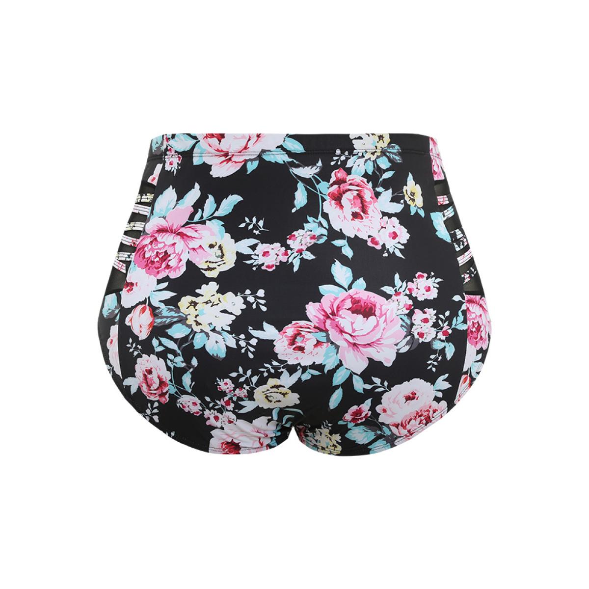 Plus Size Floral Crisscross Detail Mesh Insert Swim Bottom Women's Swimwear BlackFlower Vacation See through High stretch Skinny High Rise Curve Swim Bottoms BloomChic 22-24/3X Product Image