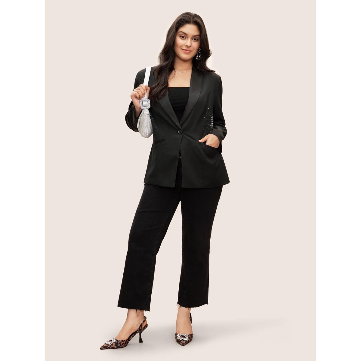 Plus Size Rhinestone Detail Patched Pocket Button Up Blazer Black Women Party Plain Non Sleeve Long Sleeve Suit Collar 28/5X Single-flap pocket Cocktail Blazers BloomChic Product Image