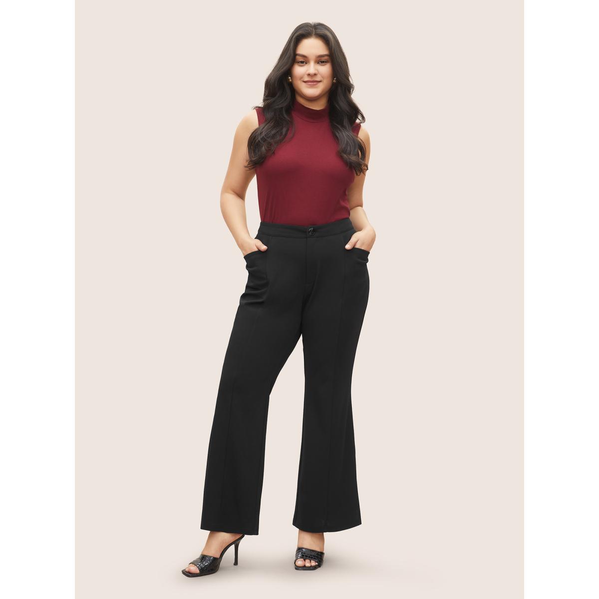 Plus Size Plain Split Hem Flare Leg Pants Women Black At the Office Flare Leg High Rise Work Pants BloomChic 28/5X Product Image