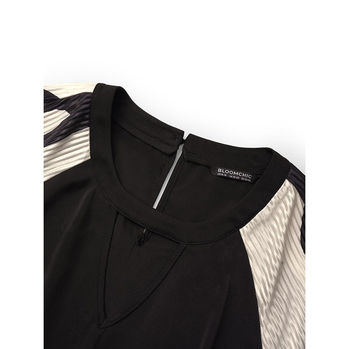 Plus Size Colorblock Keyhole Pleated Detail Shirred Dress Black Women Elegant Gathered Keyhole Cut-Out Long Sleeve Curvy Midi Dress BloomChic 30/6X Product Image