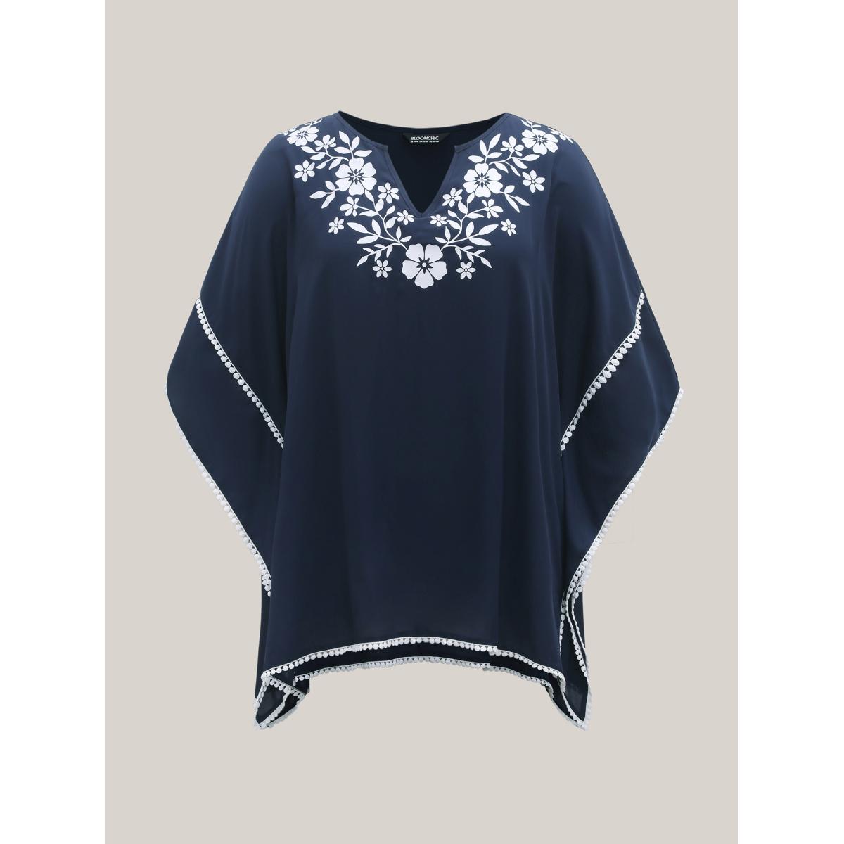 Plus Size Indigo Printed Neckline Lace Spliced Loose Shirt Women Resort Elbow-length sleeve Flat collar with V-notch Vacation Blouses BloomChic 10/M Product Image