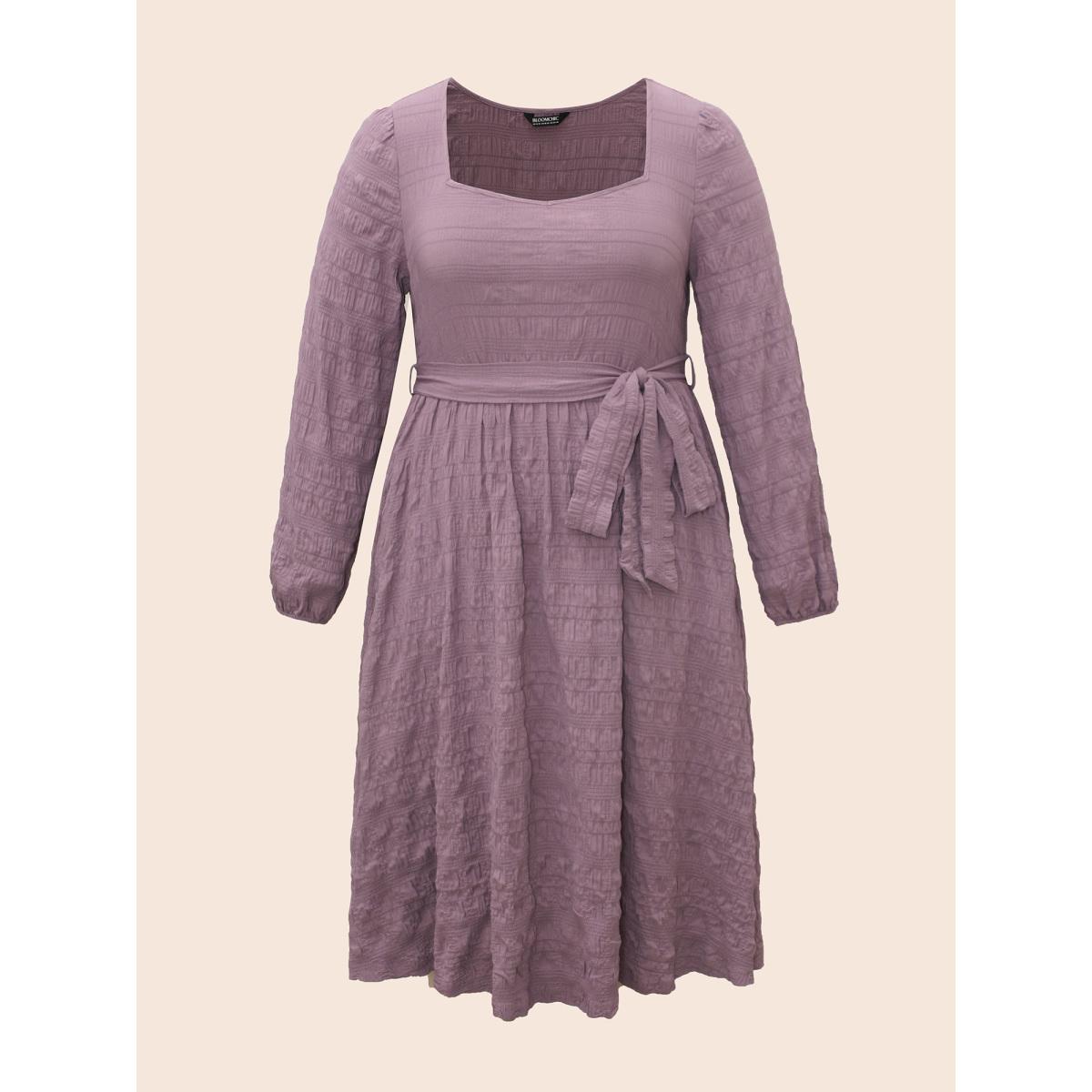 Plus Size Square Neck Plain Textured Belted Dress Mauve Women Elegant Texture Square Neck Long Sleeve Curvy BloomChic 12/L Product Image