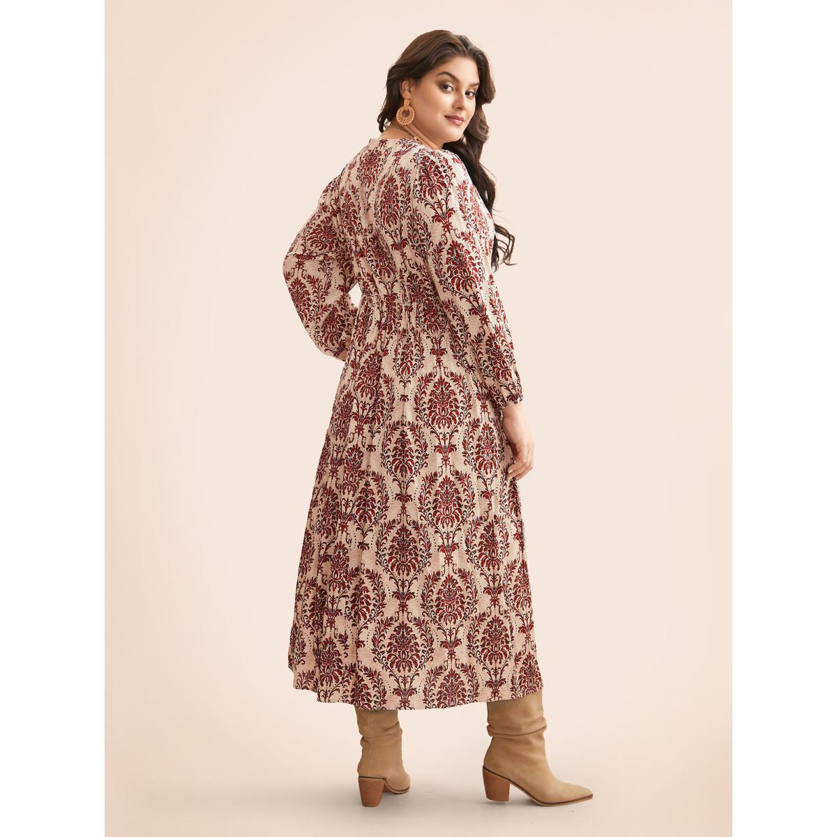 Plus Size Boho Print Notched Tie Knot Maxi Dress Rust Women Resort Tie knot Flat collar with V-notch Long Sleeve Curvy BloomChic 14-16/1X Product Image