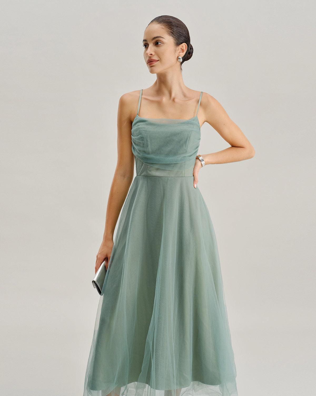 Green Mesh Flowy Slip Midi Dress Product Image