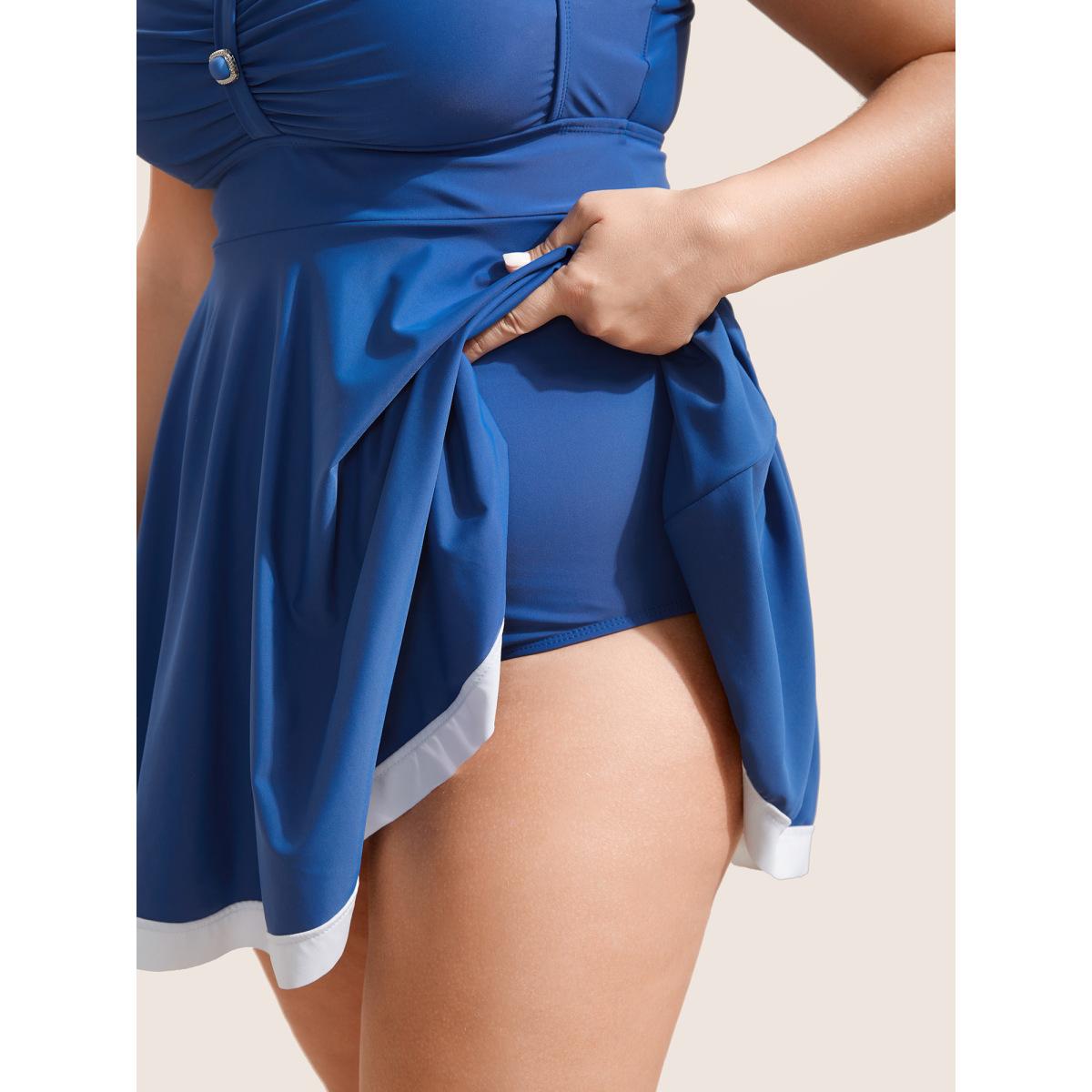 Plus Size Plain Patchwork Ruched Button Detail Swim Dress Women's Swimwear Blue Beach Bodycon Heart neckline High stretch Curve Swim Dresses BloomChic 14-16/1X Product Image