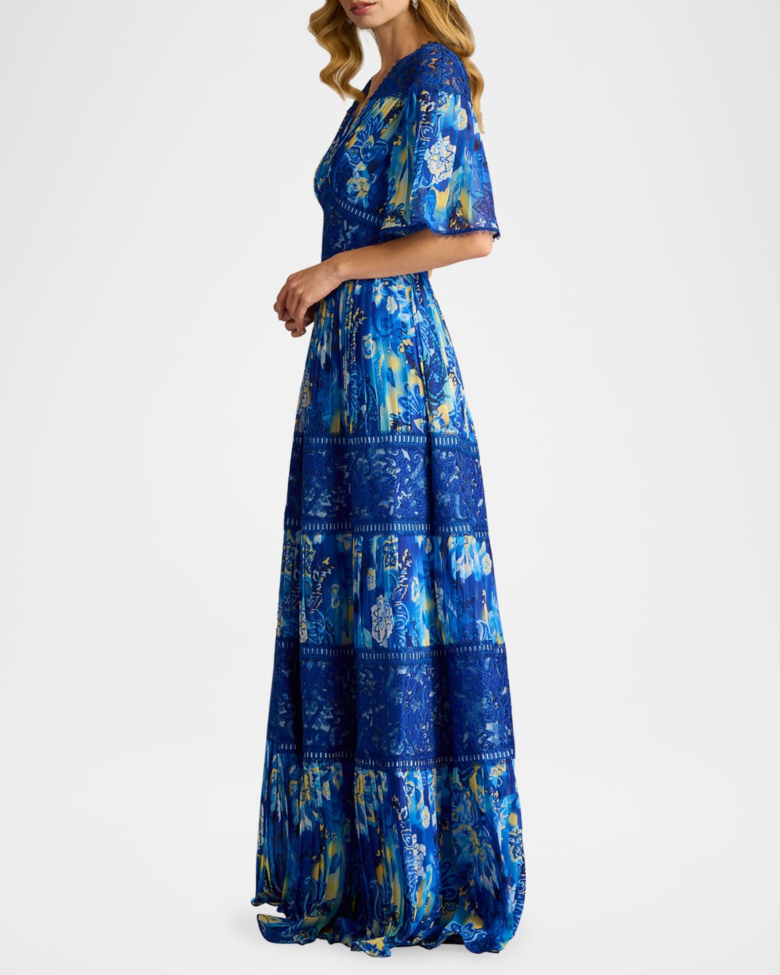 Tiered Lace-Trim Pleated Chiffon Gown Product Image