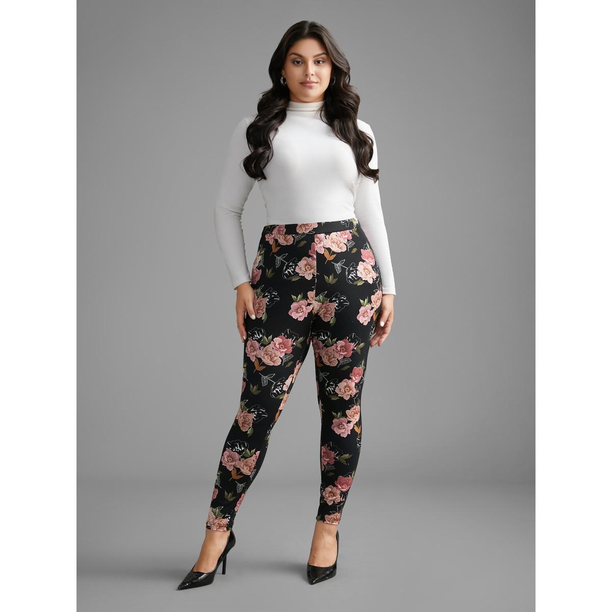 Plus Size Floral Mid Rise Skinny Leggings Women BlackFlower Elegant Medium stretch Skinny Mid Rise Everyday Leggings BloomChic 14-16/1X Product Image