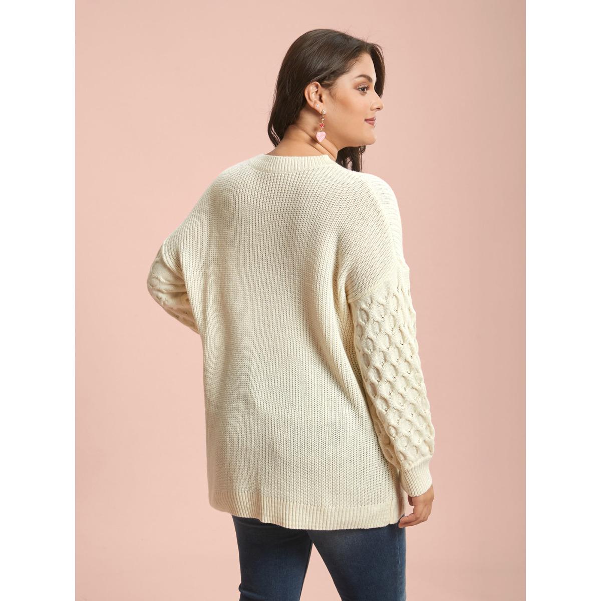 Plus Size Round Neck Heart Cable Knit Pullover Ivory Women Playful Loose Long Sleeve Round Neck Casual Pullovers BloomChic 28/5X Product Image