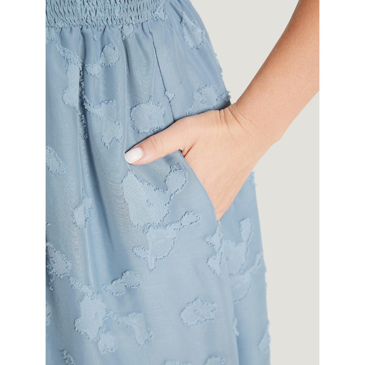 Plus Size Solid Textured Ruffle Pocket Shirred Waist Dress Stone Women Elegant Lined V-neck Short sleeve Curvy Midi Dress BloomChic 28/5X Product Image