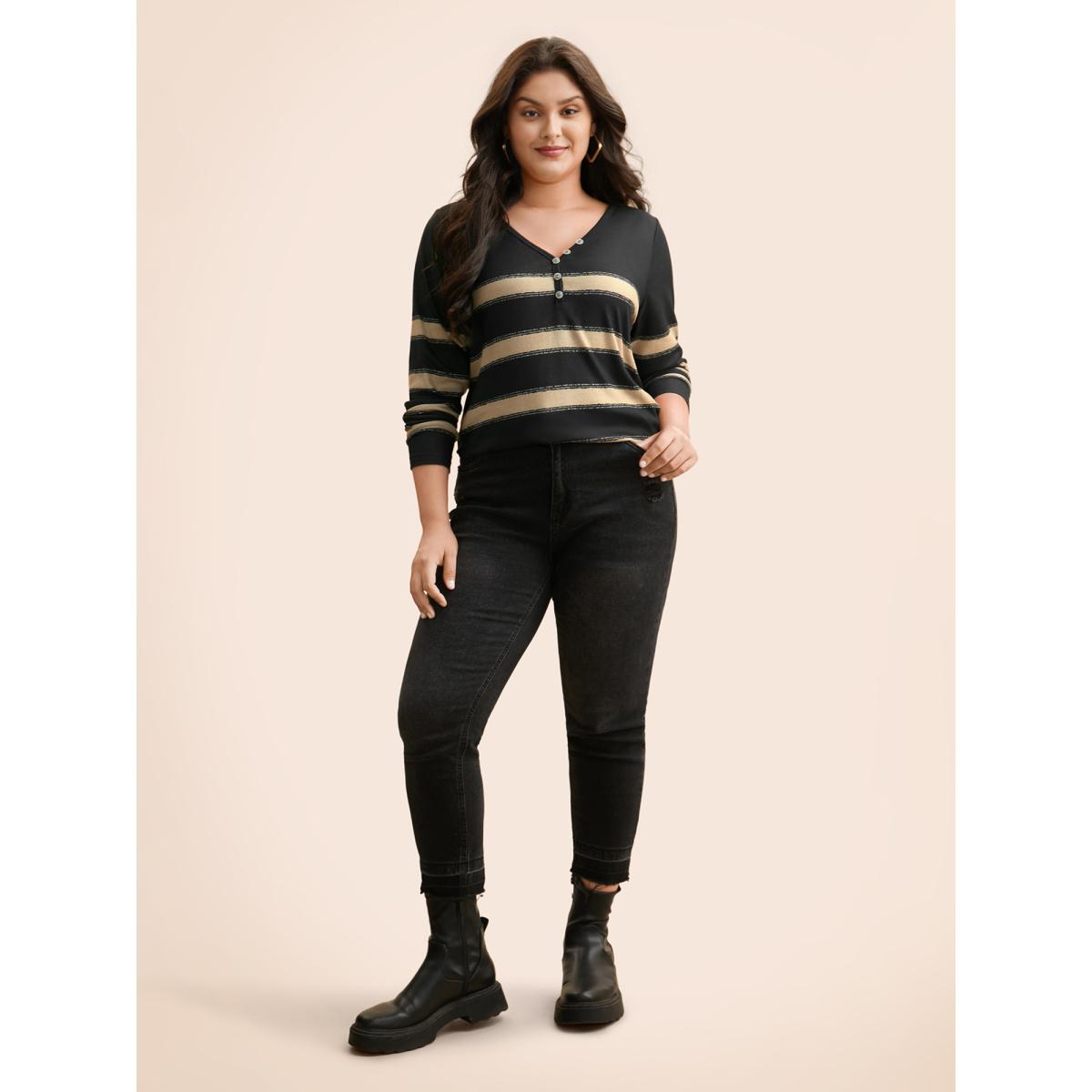 Plus Size Contrast Striped Button Detail T-shirt Black Women Casual Button V-neck Everyday T-shirts BloomChic 10/M Product Image