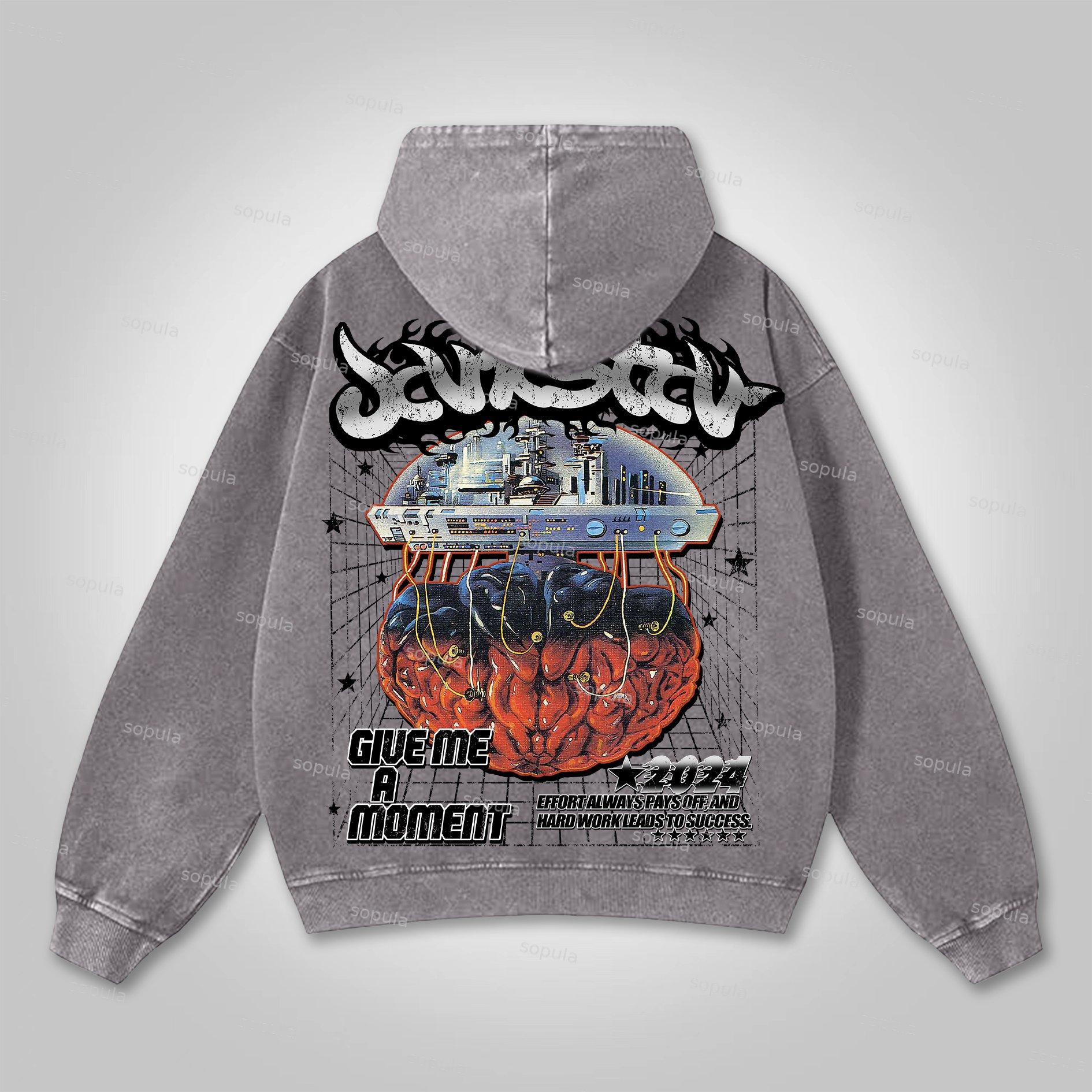 Sopula Colorful Brain Graphic Washed Pocket Hoodie Product Image