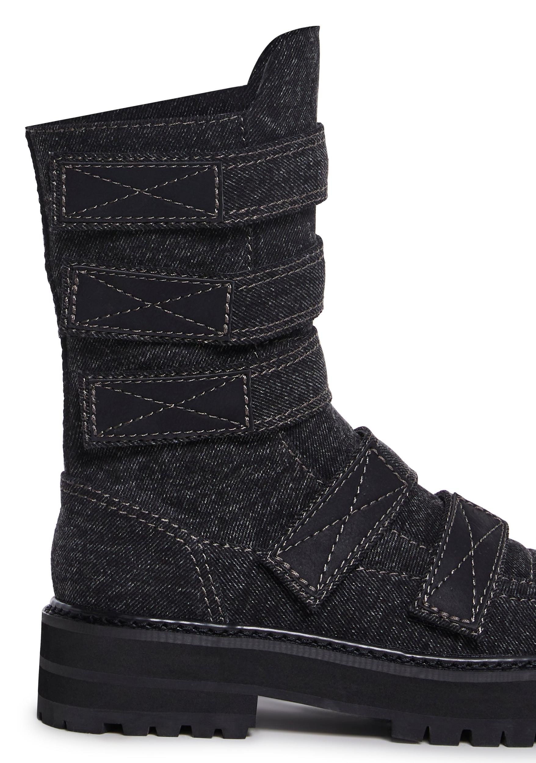 Denim Velcro Ankle Boots With Side Zipper Closures Darker Wavs - Black Product Image