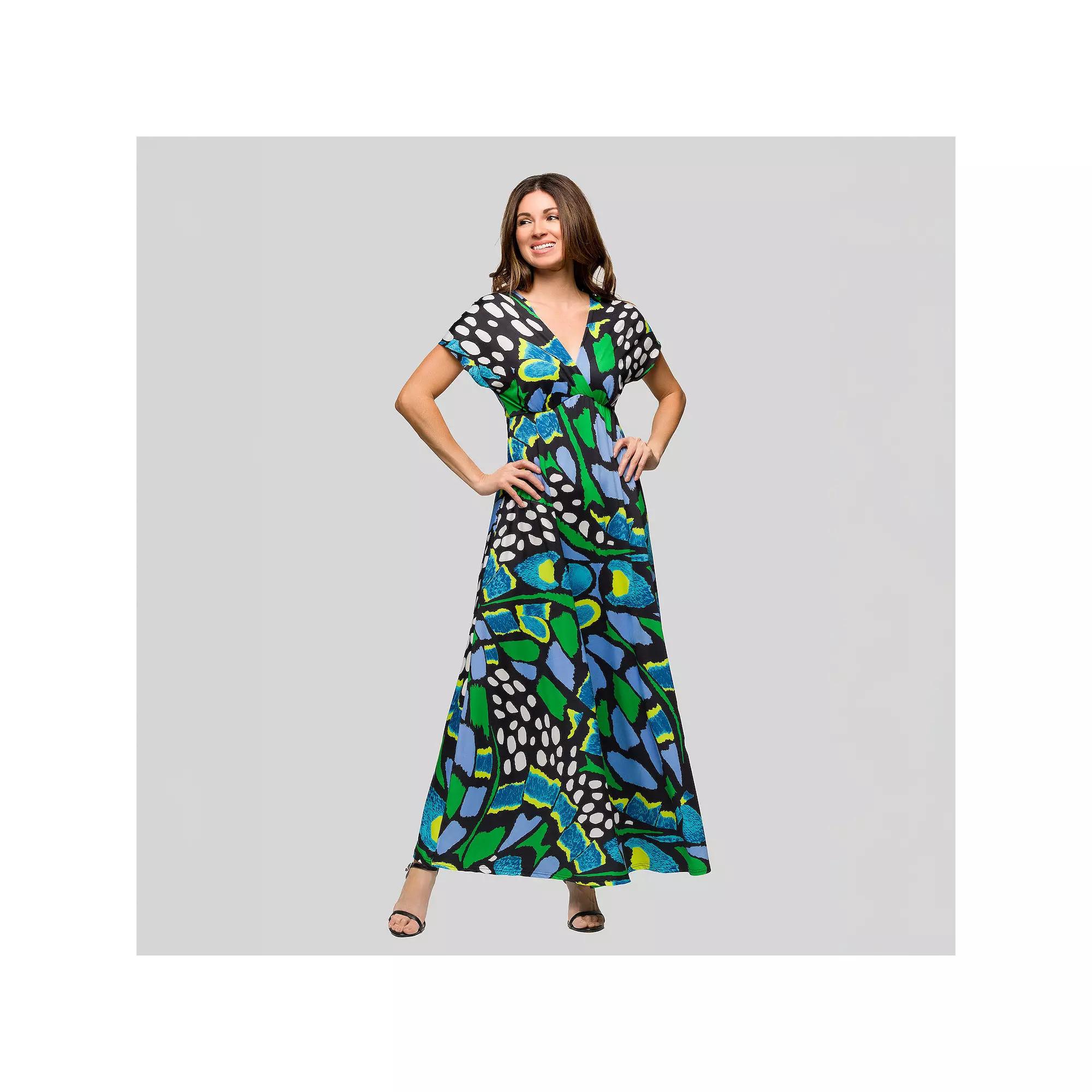 Women's 24Seven Comfort Apparel V-Neck Empire Waist Cap Sleeve Maxi Dress,  Product Image