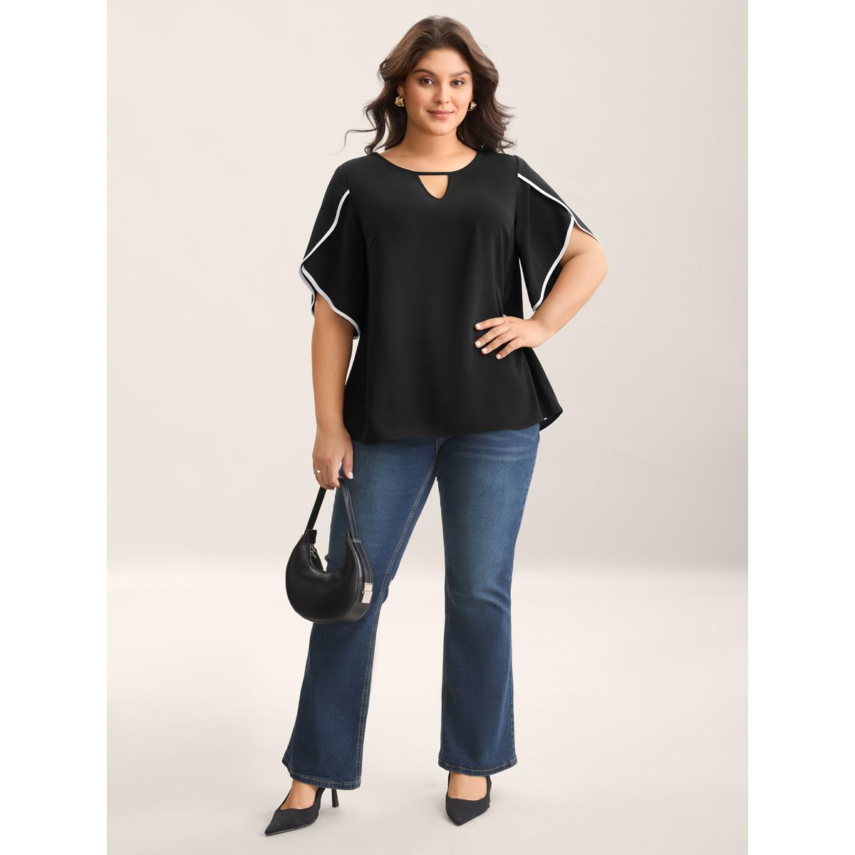 Plus Size Black Color Contrast Petal Sleeve Shirt Women Office Half Sleeve Round Neck Office Blouses BloomChic 14-16/1X Product Image