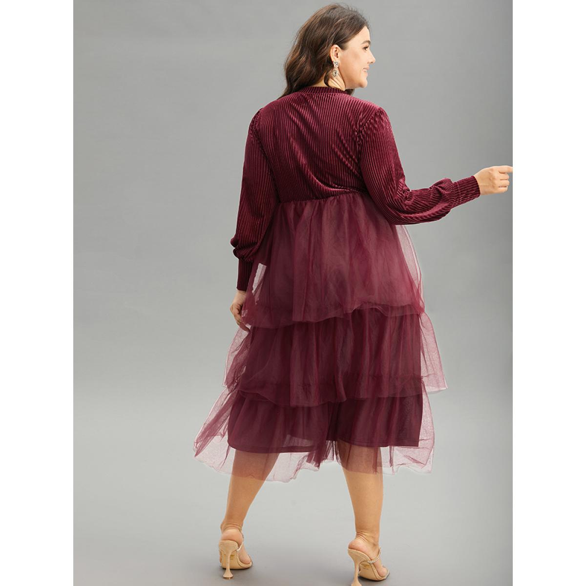 Plus Size Velvet Patchwork Mesh Layered Hem Dress Burgundy Women Glamour Velvet Round Neck Long Sleeve Curvy Midi Dress BloomChic 26/4X Product Image
