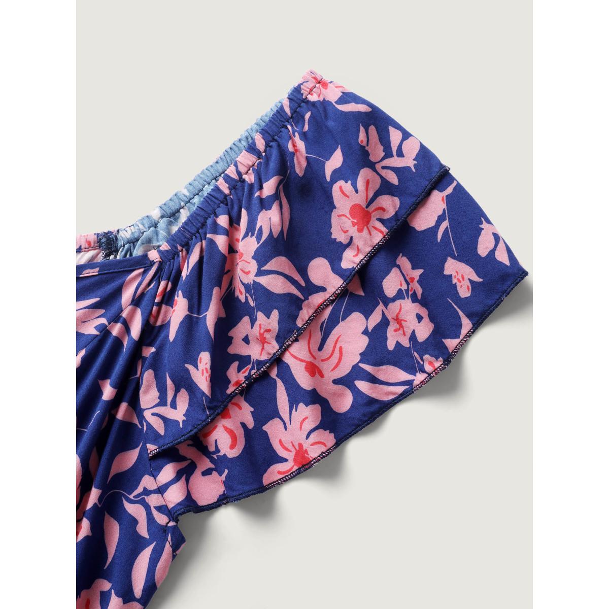 Plus Size Rayon Silhouette Flower Ruffled Sleeve Midi Dress Multicolor Women Romantic V-neck Cap Sleeve Curvy BloomChic 28/5X Product Image