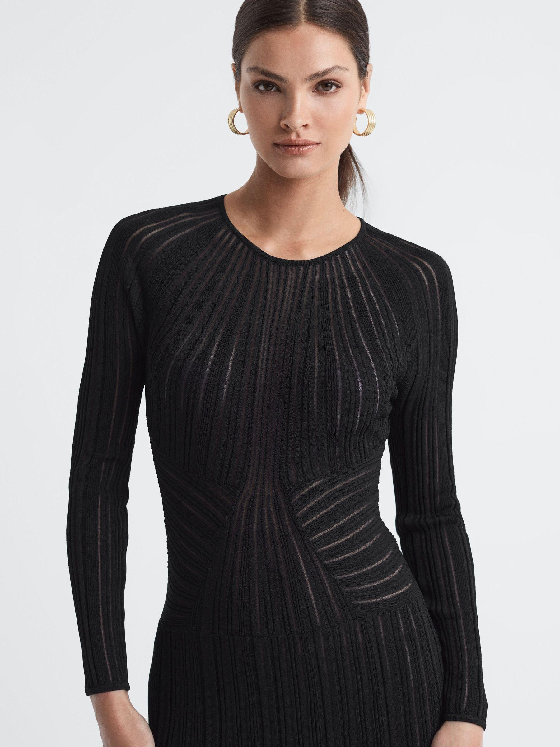 Sheer Striped Bodycon Midi Dress in Black Product Image