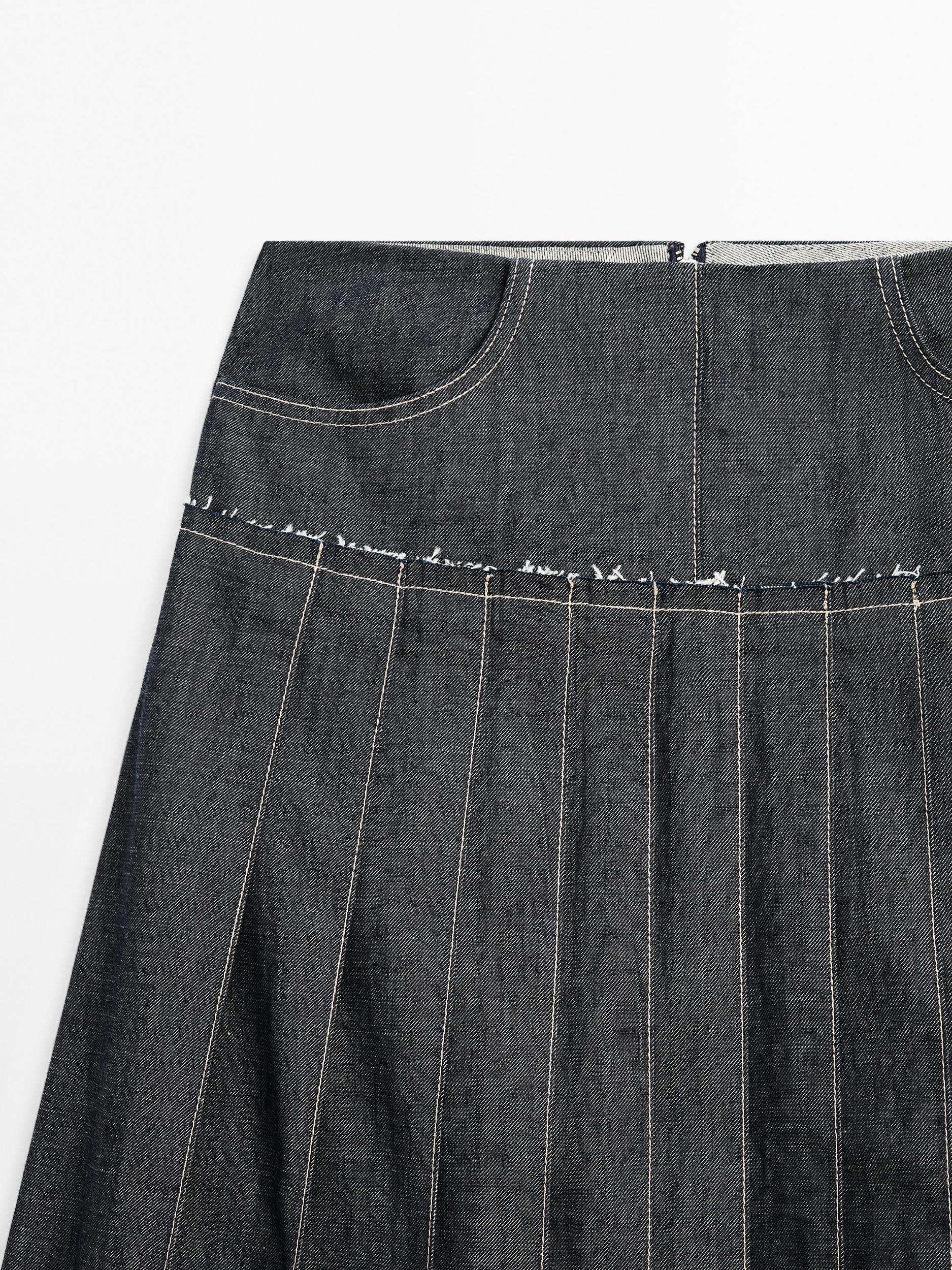 Denim midi skirt with box pleats Product Image