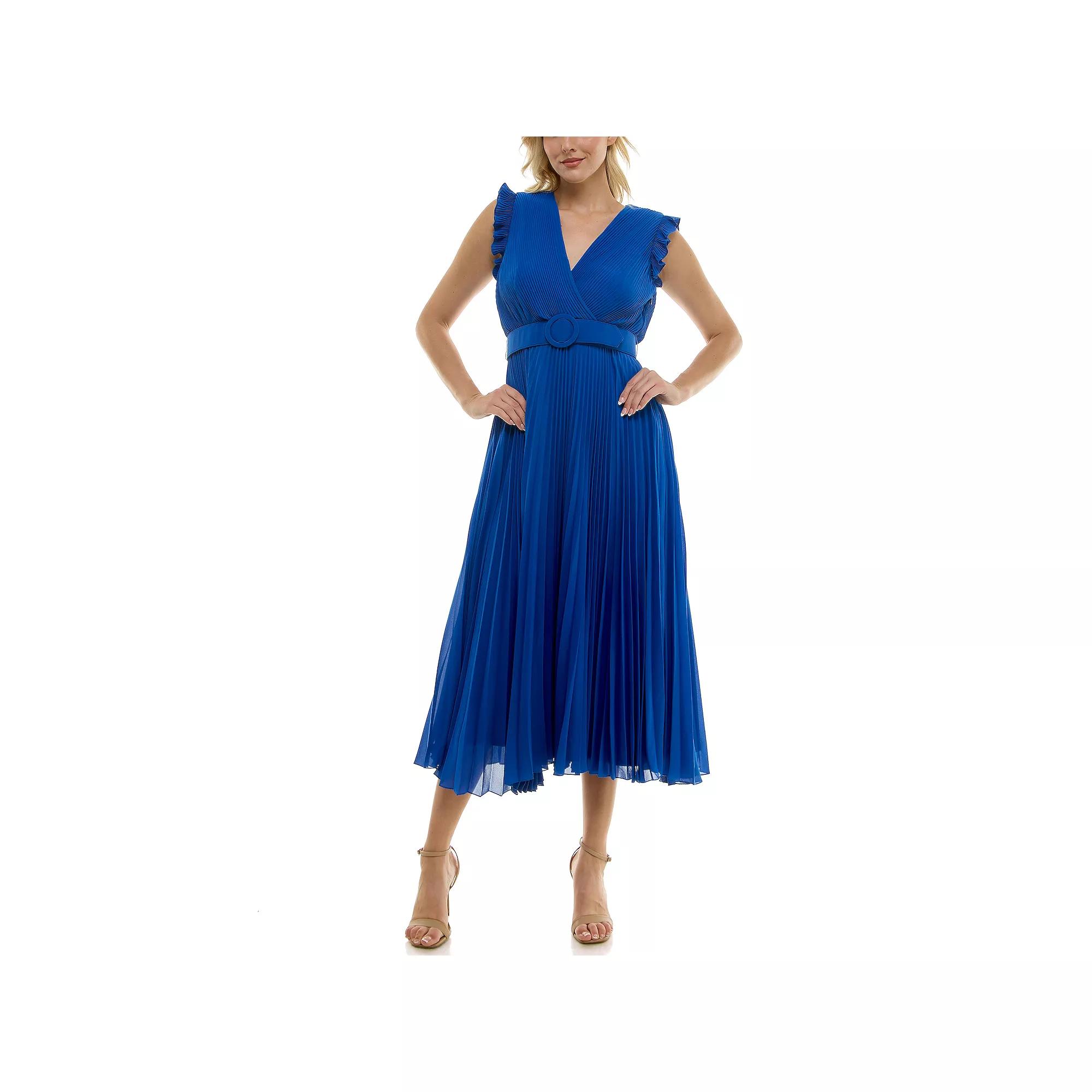 Women's Taylor Belted Pleated Chiffon Midi Dress, Size: 12, Blue Product Image