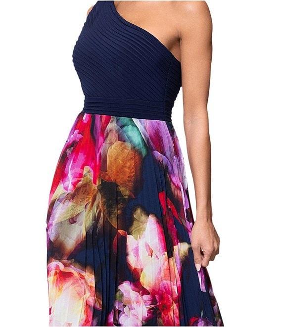 Xscape Chiffon Floral Print One-Shoulder Neck Sleeveless Pleated A-Line Gown Product Image