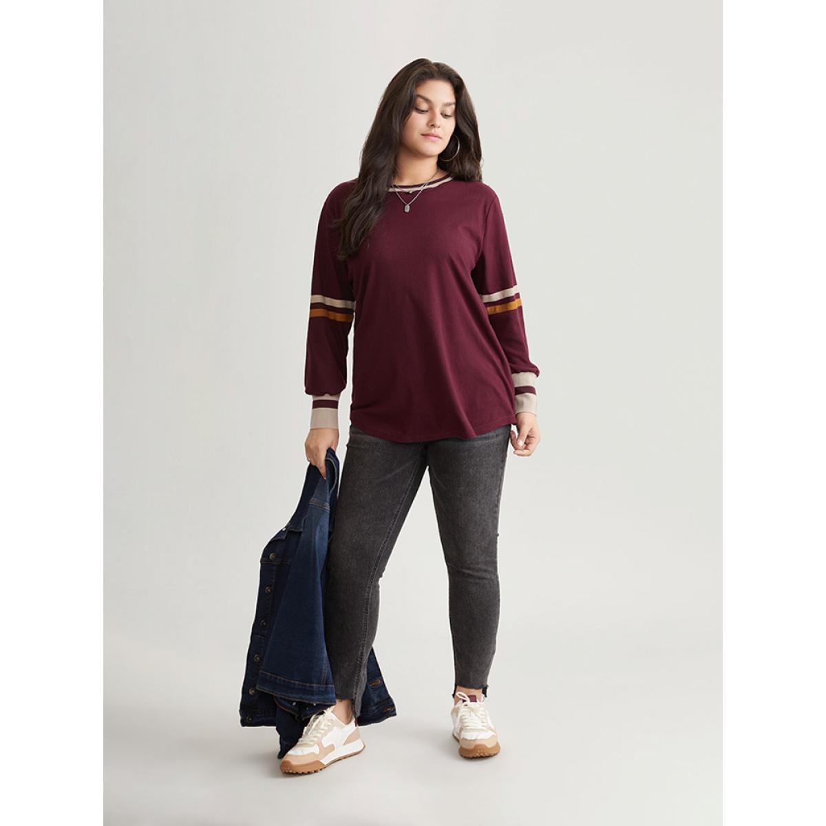 Plus Size Striped Contrast Round Neck Rib Knit Sweatshirt Women Burgundy Casual Contrast Round Neck Everyday Sweatshirts BloomChic 30/6X Product Image