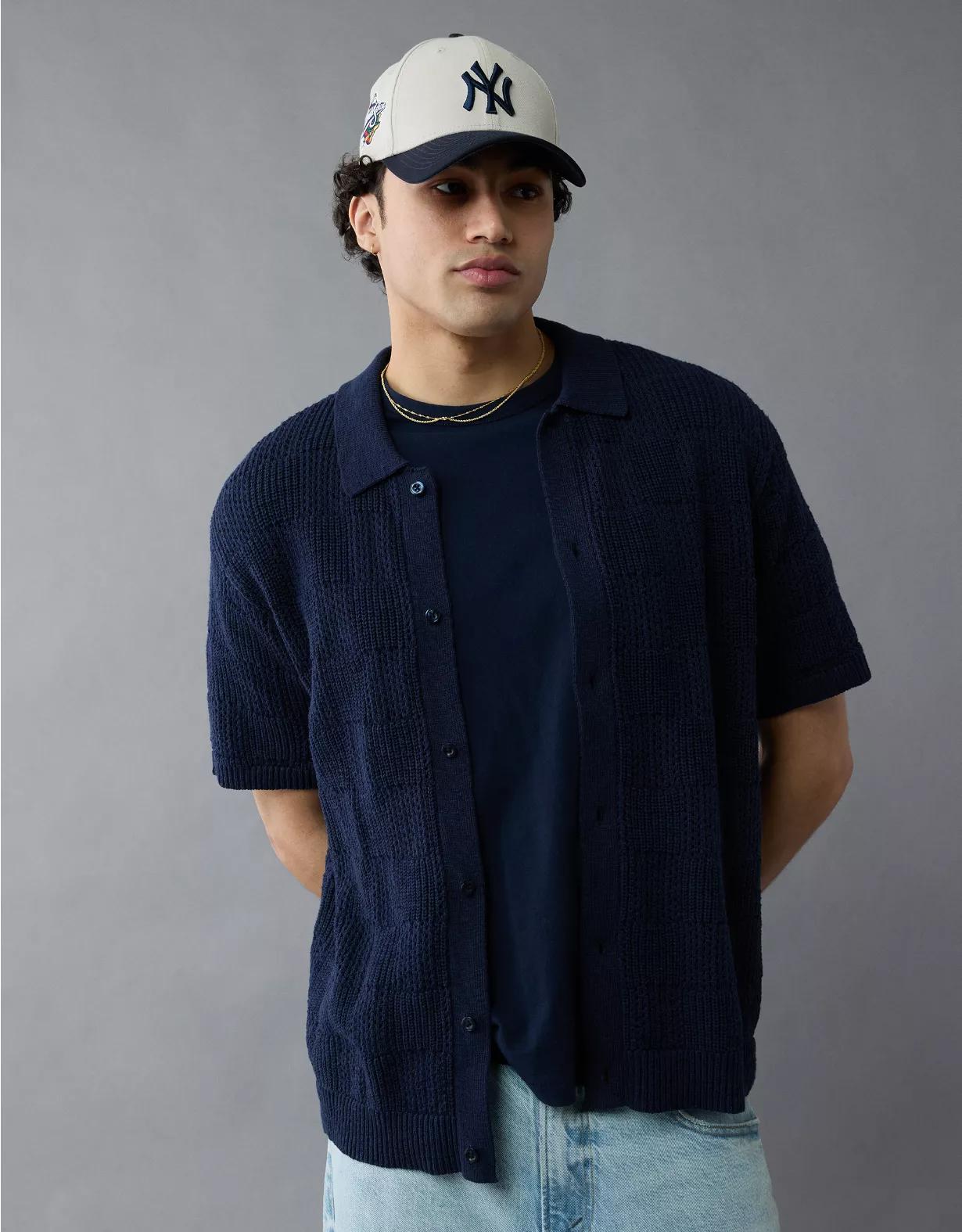 AE Weekend Checkerboard Button-Up Sweater Polo Shirt Product Image