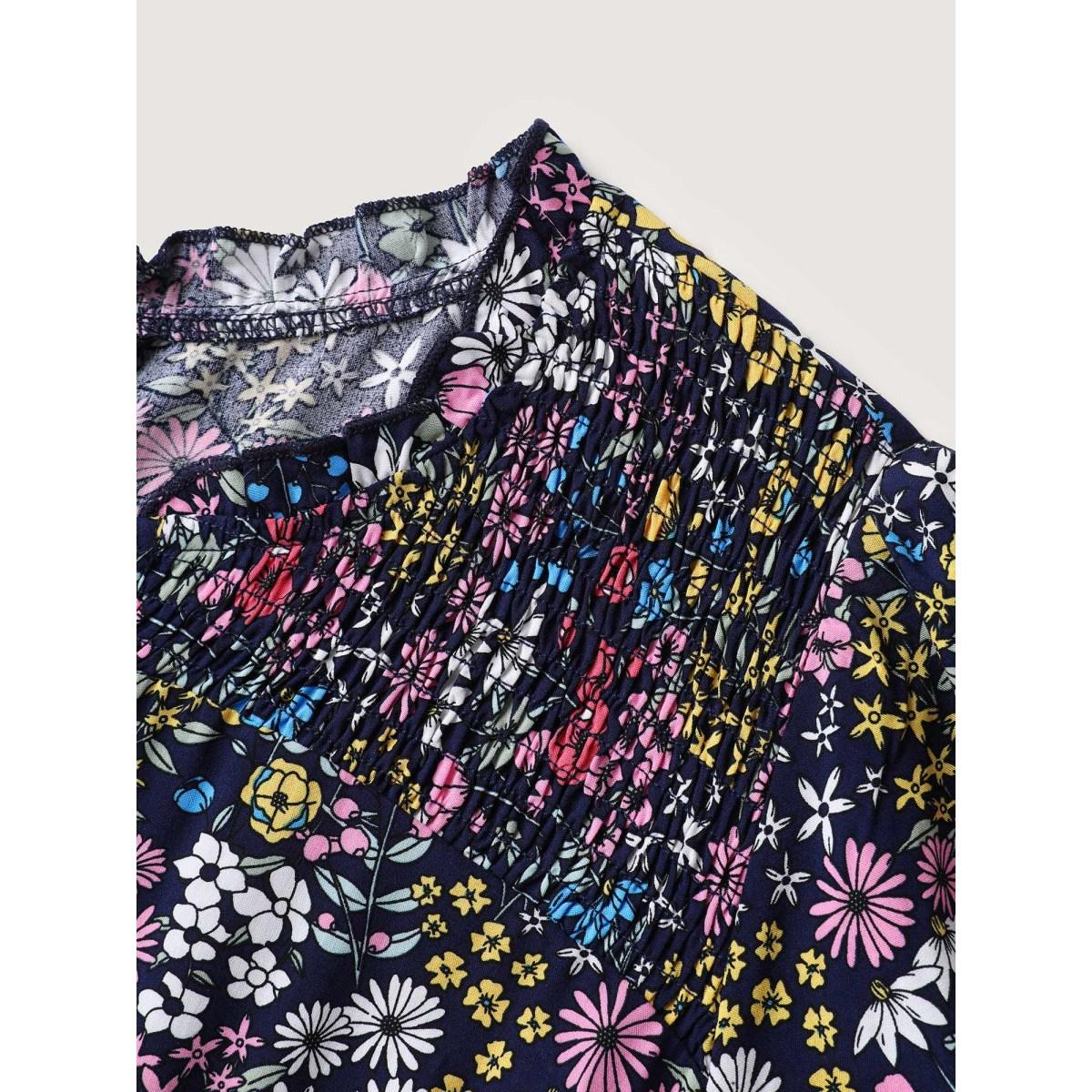 Plus Size Branch Chrysanthemum Shirred Midi Dress Indigo Women Timeless Shirred Notched collar Short sleeve Curvy BloomChic 10/M Product Image