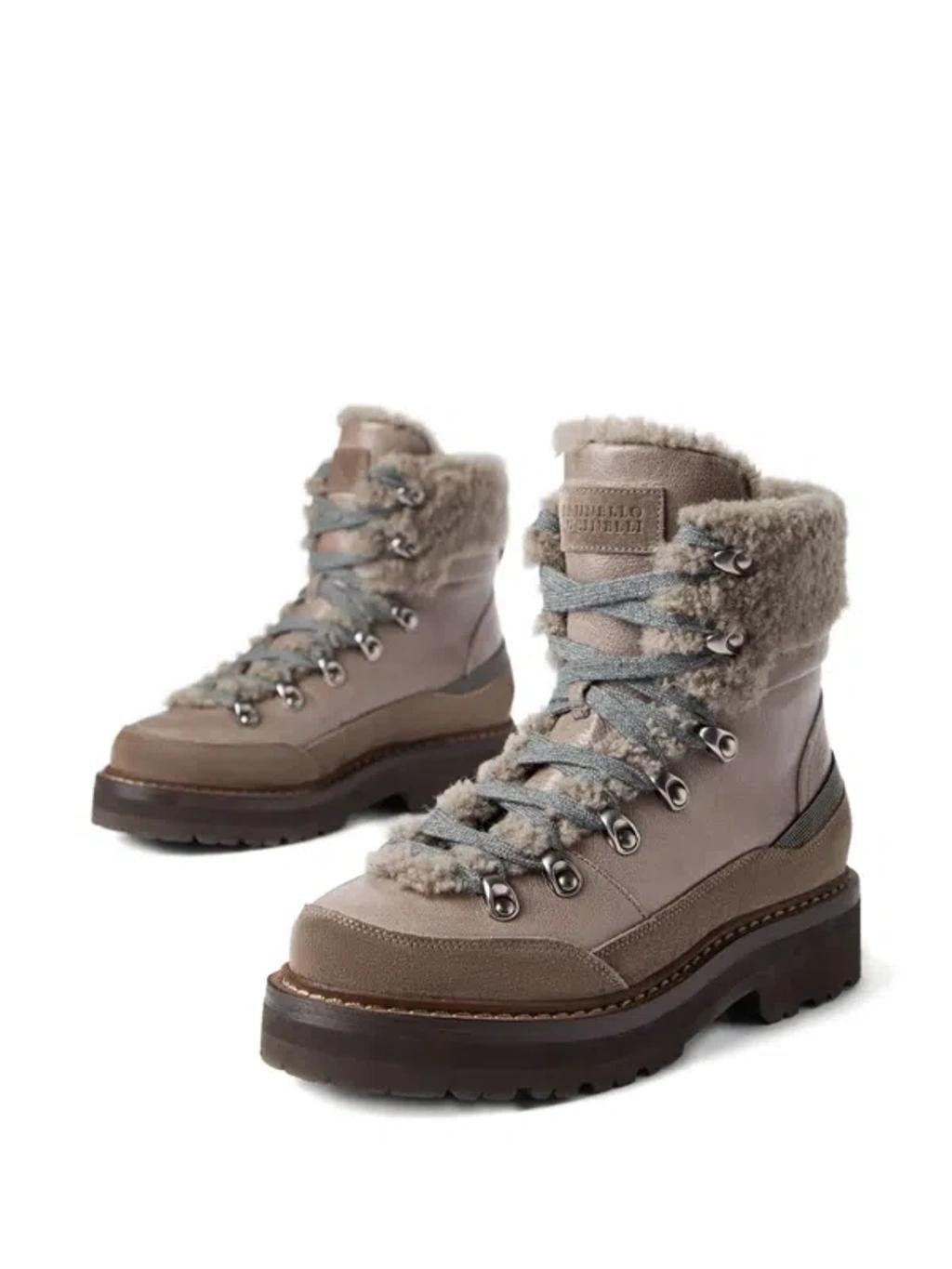 BRUNELLO CUCINELLI Bead-embellished Shearling-trimmed Leather Ankle Boots In Multi Product Image