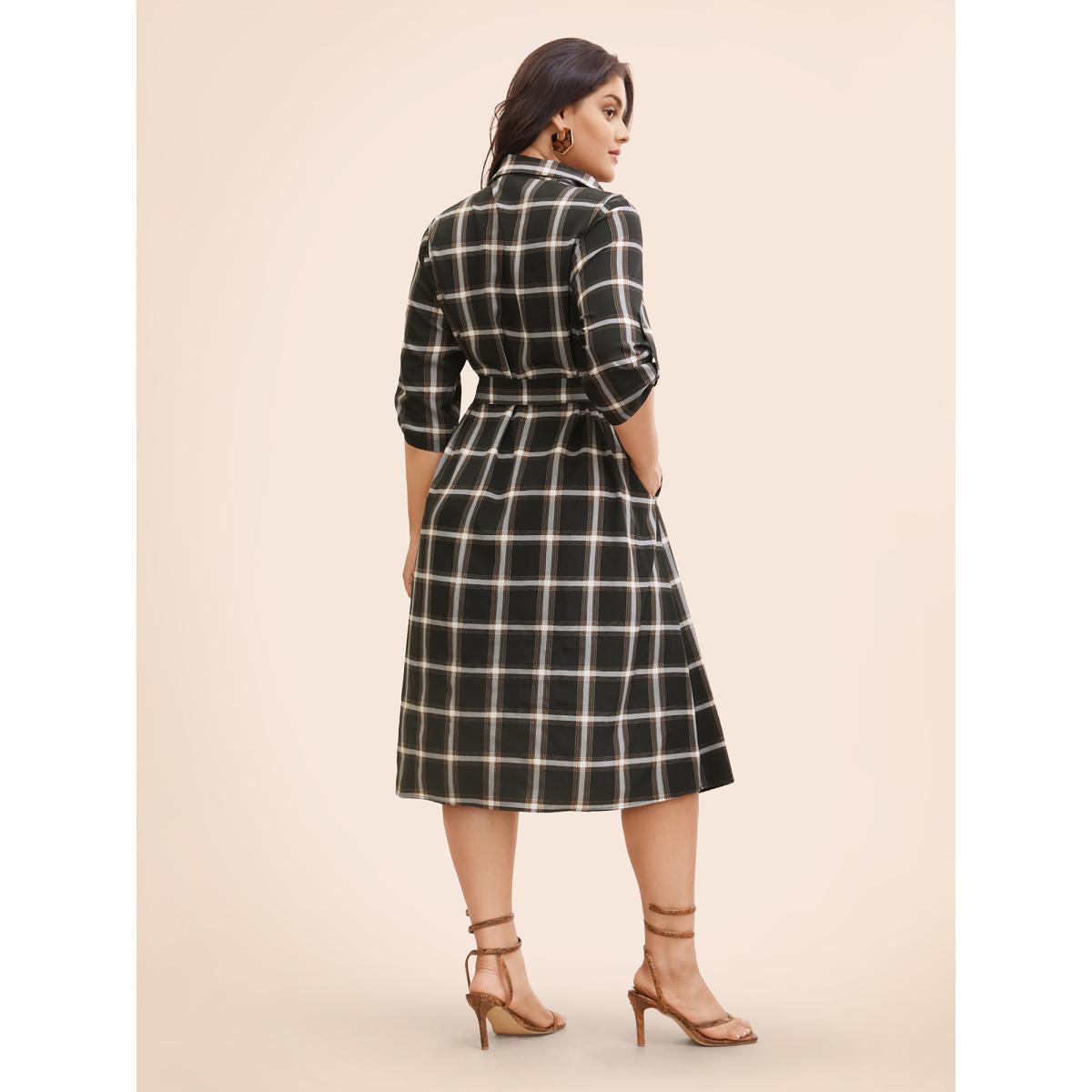 Plus Size Plaid Shirt Collar Belted Tab Sleeve Dress Black Women Elegant Belted Shirt collar Elbow-length sleeve Curvy BloomChic 28/5X Product Image