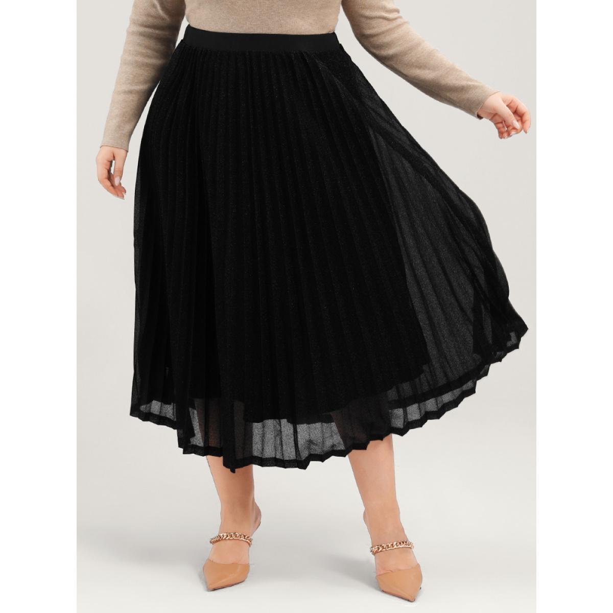 Plus Size Solid Pleated Mesh Elastic Waist Skirt Women Black Glamour Pleated No stretch Going out Skirts BloomChic 30/6X Product Image