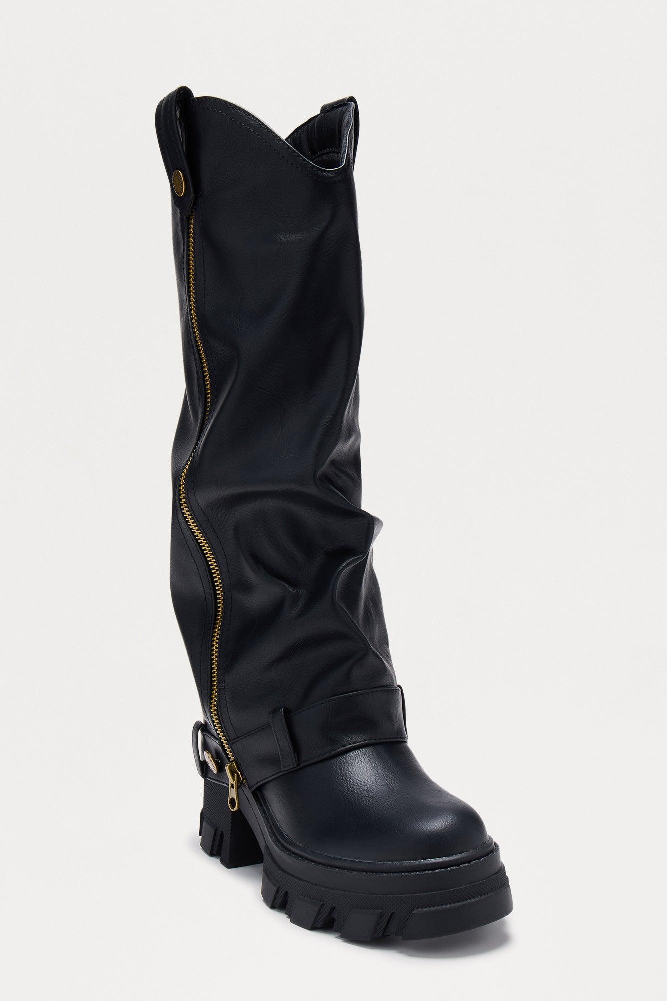 Vandon Zipper Overlay Knee High Boots - Black Female Product Image