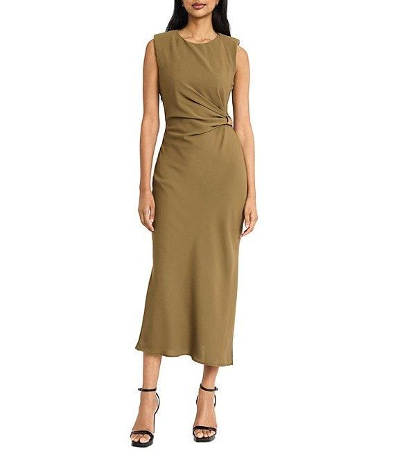 Donna Morgan Crew Neck Sleeveless Ruched Waist Sheath Midi Dress Product Image