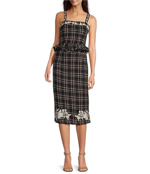 Fanm Mon Tweed Floral Embroidered Square Neckline Tank Strap Peplum Coordinating Top Product Image