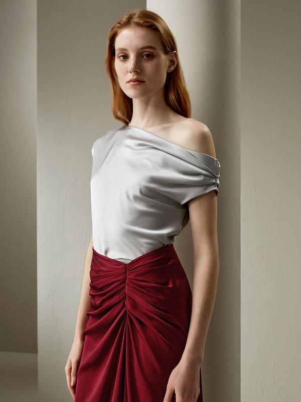 LILYSILK Female One Shoulder Silk Top - Silvergray Premium Silk - Perfect Wardrobe Staples Cowl Neck Silk Top 10 Product Image