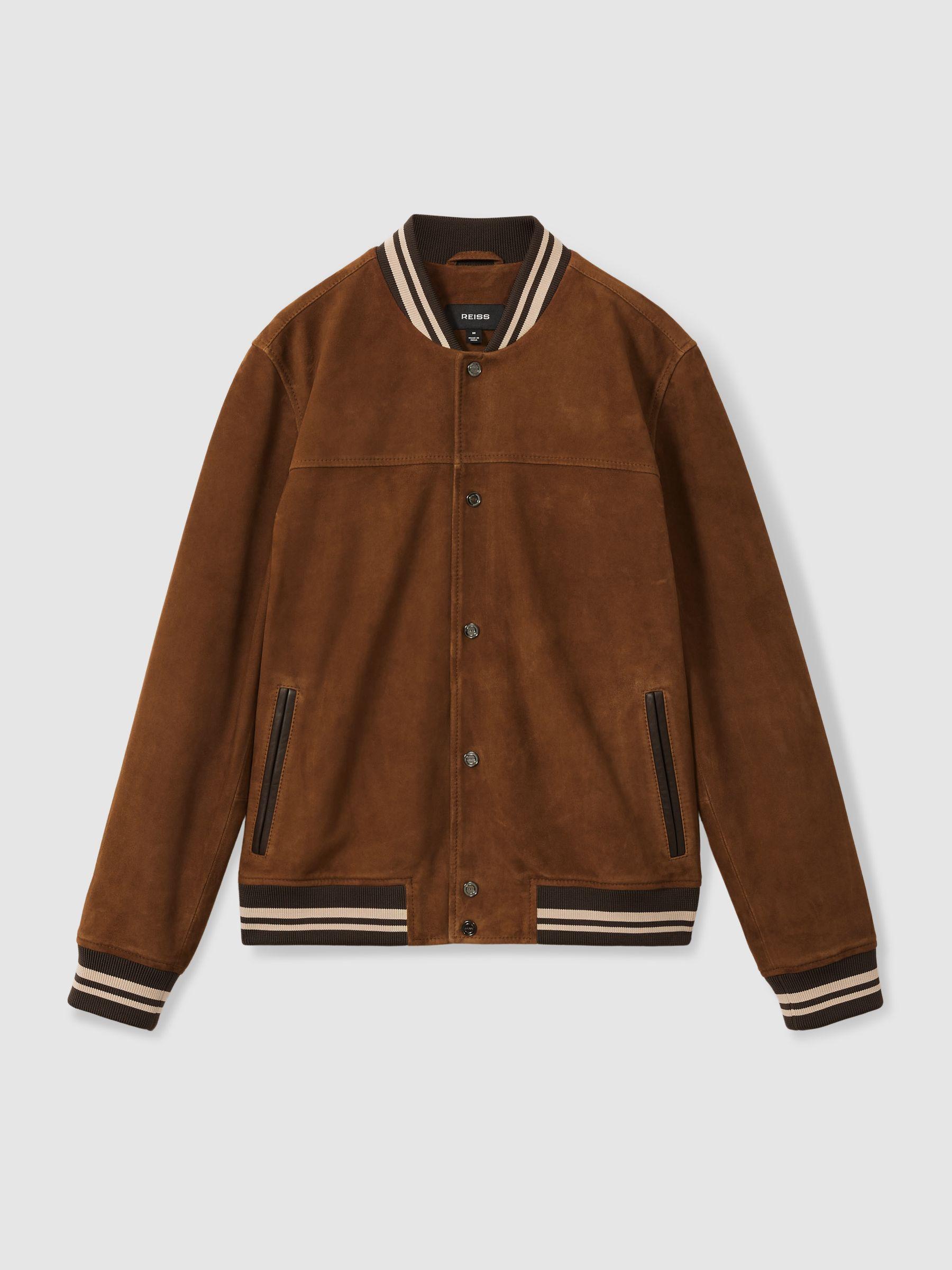 Suede Stripe-Trim Bomber Jacket in Terracotta Product Image