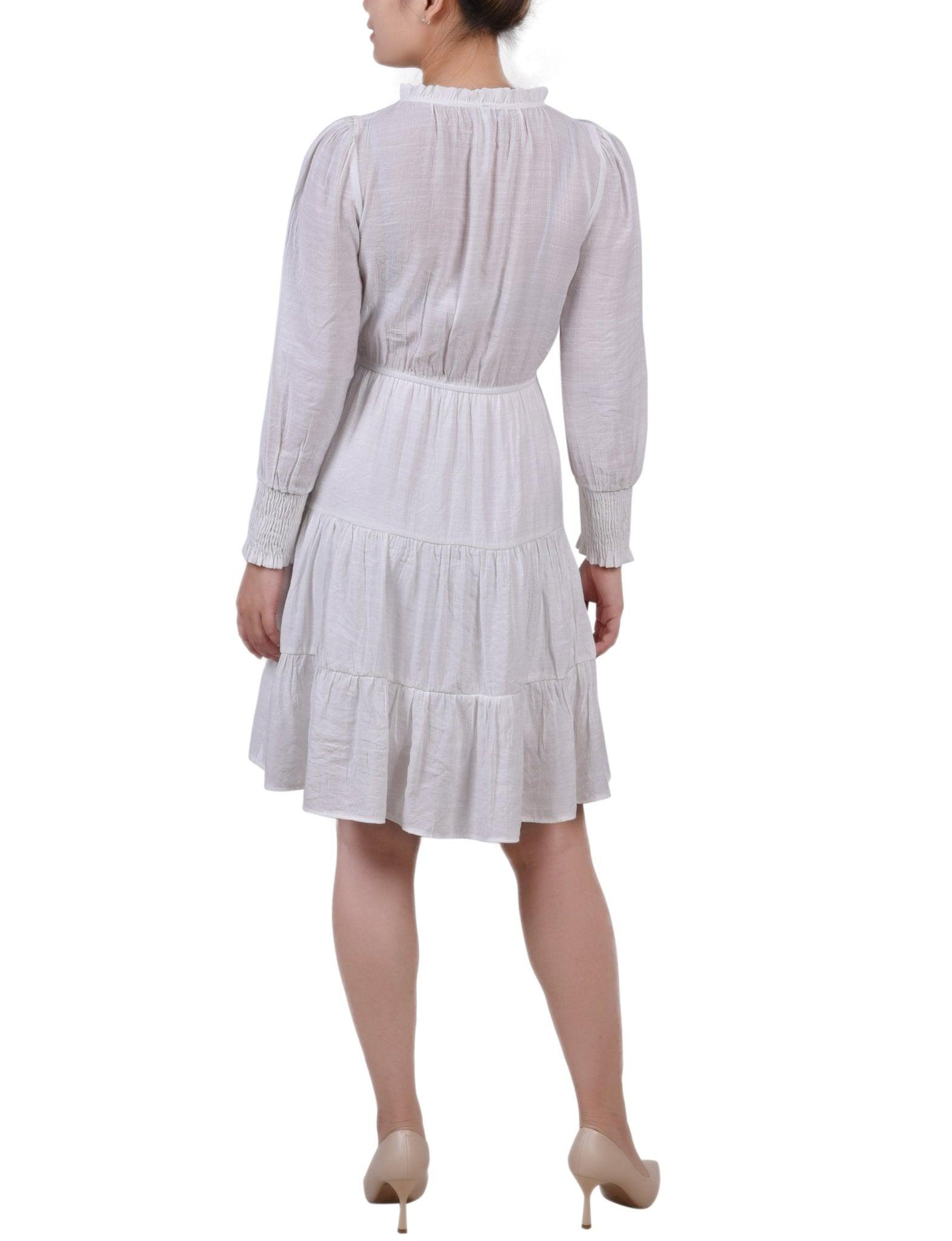 White Long Sleeve Tiered Dress With Ruffled Neck - Petite Product Image