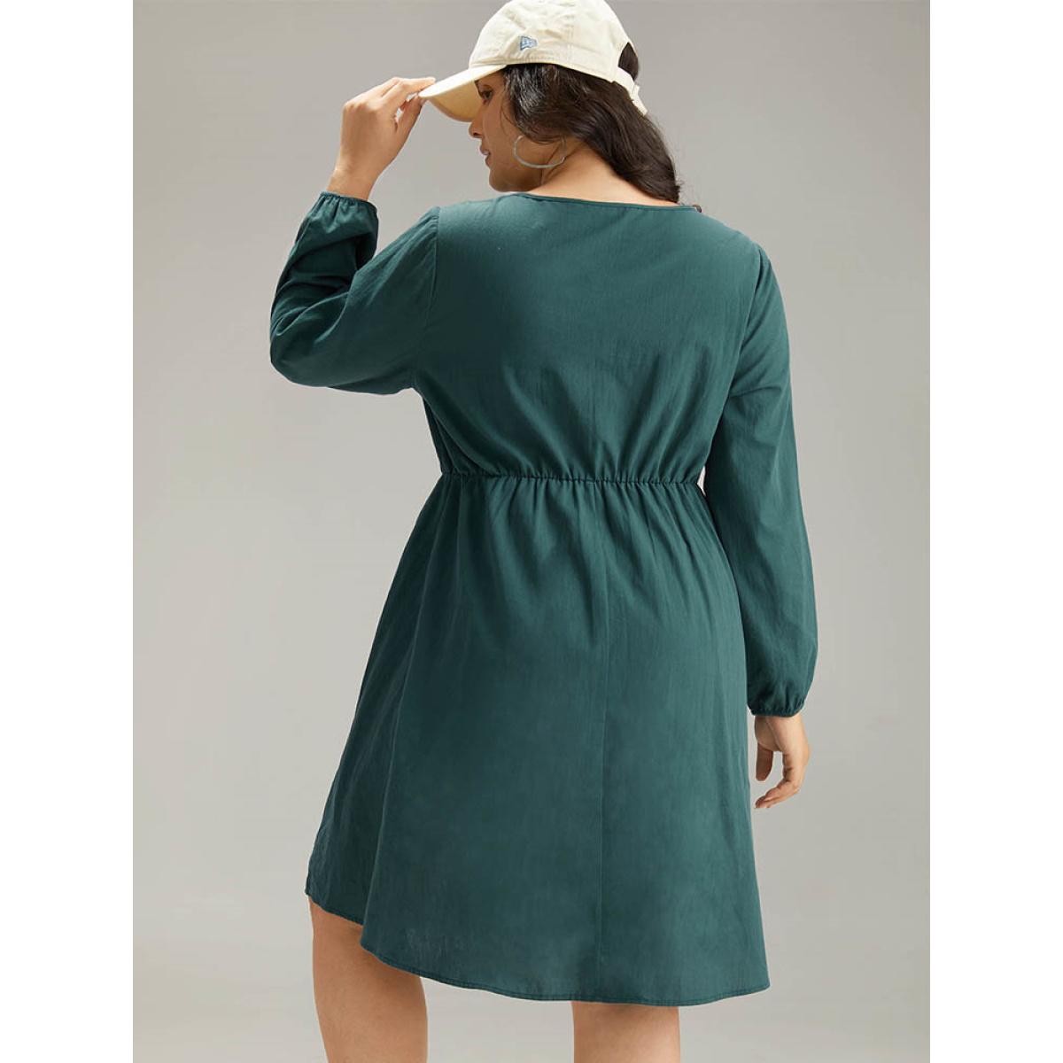 Plus Size Cotton Solid Lace Up Elastic Waist Dress DarkGreen Women Casual Elastic cuffs Tie Neck Long Sleeve Curvy Midi Dress BloomChic 18-20/2X Product Image