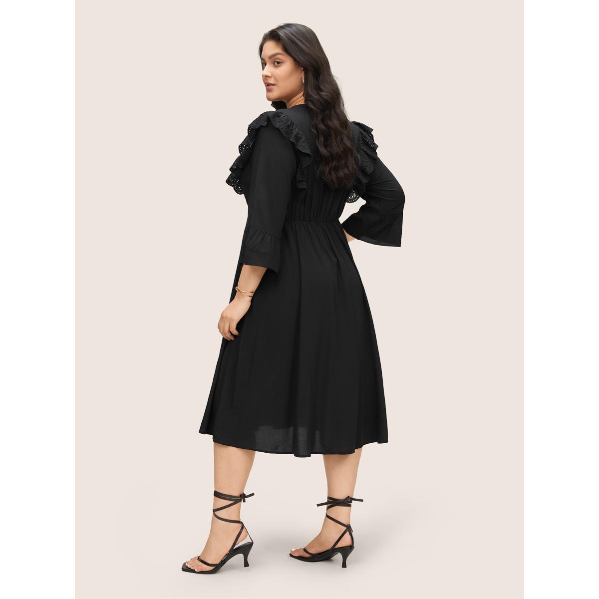 Plus Size Solid Laser Cut Flutter Trim Bell Sleeve Dress Black Women Elegant Non Notched collar Elbow-length sleeve Curvy Knee Dress BloomChic 28/5X Product Image