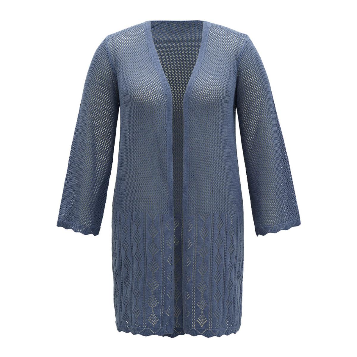 Plus Size Solid Geometric Eyelet Open Front Cardigan Aegean Women Casual Loose Long Sleeve Dailywear Cardigans BloomChic 12/L Product Image