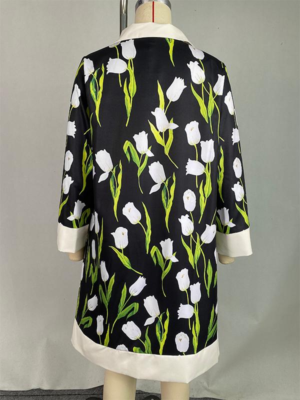 A-line Loose Buttoned Flower Print Stand Collar Mini Dresses Product Image