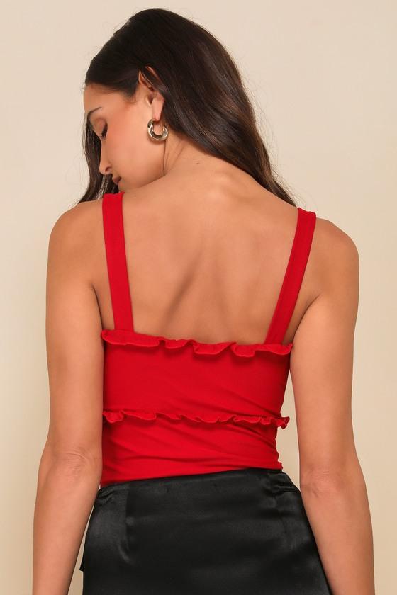 Essentially Iconic Red Mesh Ruffled Sleeveless Bodysuit Product Image