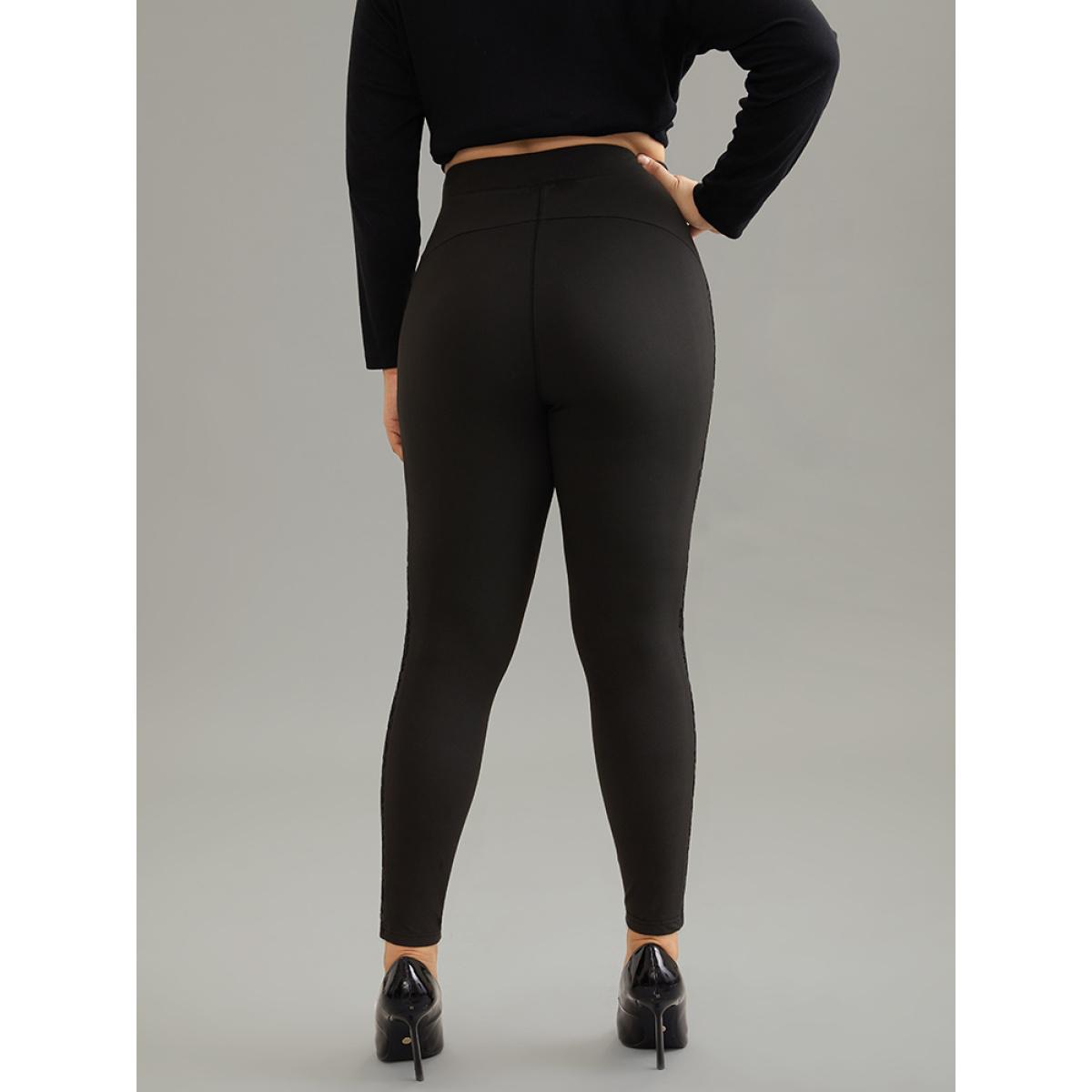 Plus Size Silhouette Floral Print Flocking Mesh Patchwork Leggings Women Black Casual High stretch Skinny High Rise Dailywear Leggings BloomChic 28/5X Product Image